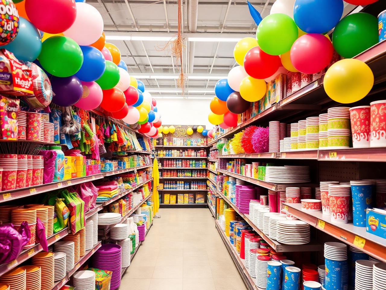 Corredor de festas com balões, pratos e decorações